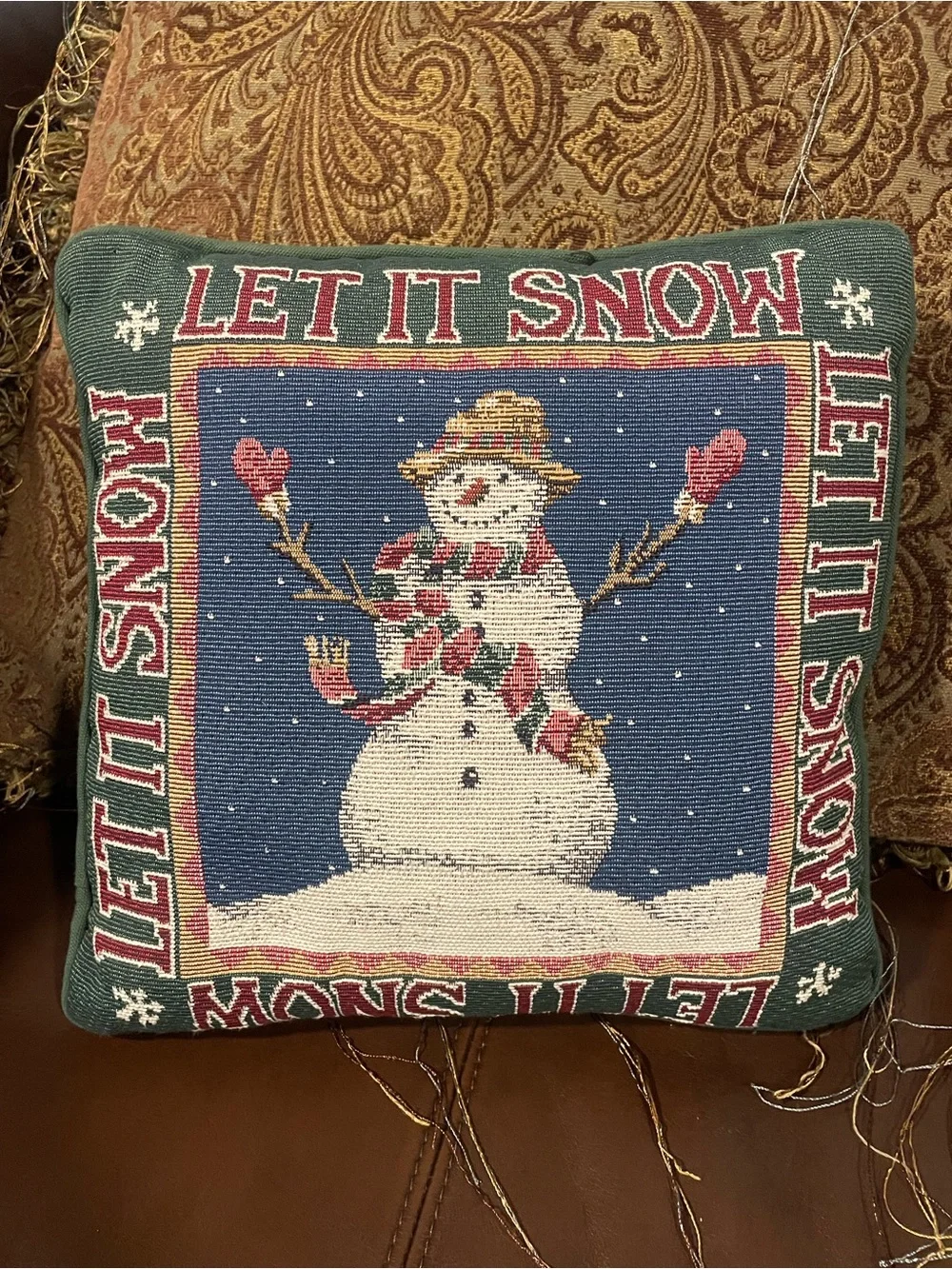 Vintage Holiday Tapestry Snowman Let it Snow Throw Pillow 11.5”